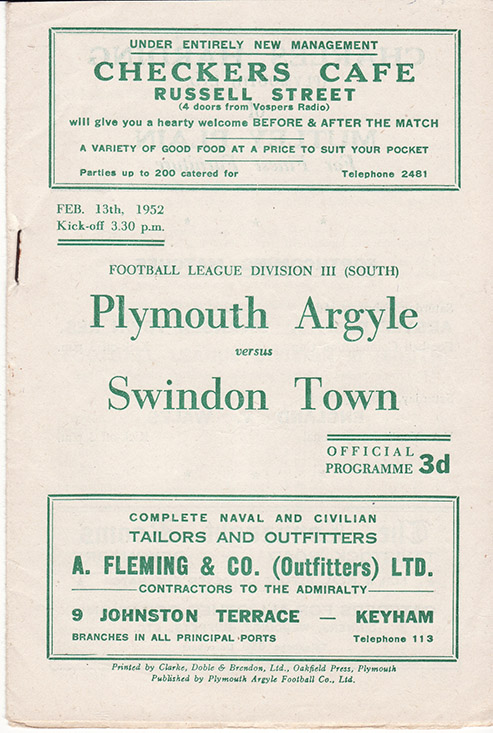 <b>Wednesday, February 13, 1952</b><br />vs. Plymouth Argyle (Away)